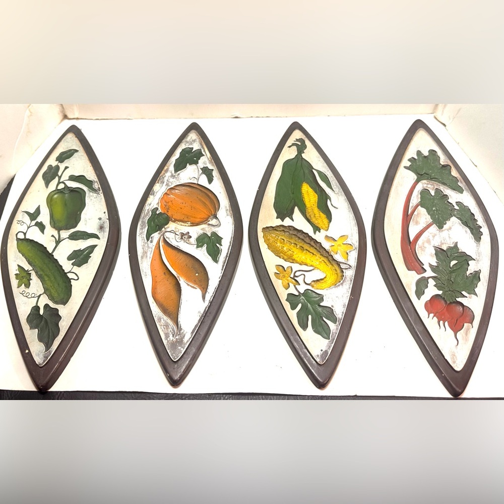 VTG MCM Chalkware 3D Garden Retro Art Decor Wall Plaques Set (4) 1963